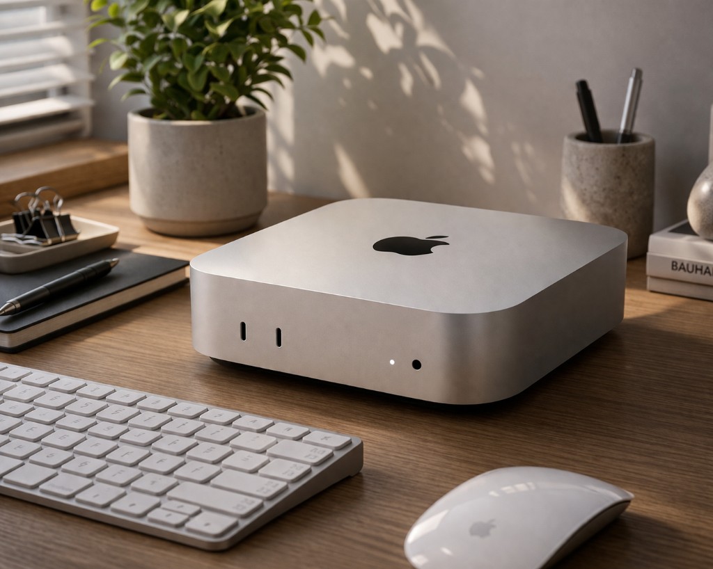 木製デスクの上のMac mini M4、Magic KeyboardとMagic Mouse付き